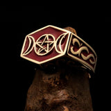 Men's Solid Brass Ring red Crescent Moon Pentagram Star - BikeRing4u