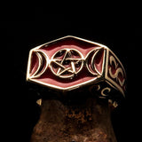 Men's Solid Brass Ring red Crescent Moon Pentagram Star - BikeRing4u