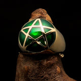 Perfectly domed Men's Solid Line Pentagram Ring Green - Brass - BikeRing4u