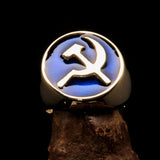 Excellent crafted Men's Socialist Ring Blue Hammer Sickle - Solid Brass - BikeRing4u