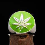 Sterling Silver Men's Ring Marihuana Cannabis Leaf in Green - BikeRing4u