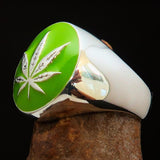 Sterling Silver Men's Ring Marihuana Cannabis Leaf in Green - BikeRing4u