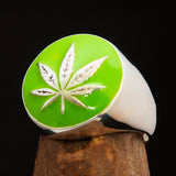 Sterling Silver Men's Ring Marihuana Cannabis Leaf in Green - BikeRing4u