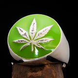 Sterling Silver Men's Ring Marihuana Cannabis Leaf in Green - BikeRing4u