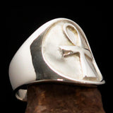 Excellent crafted two tone Men's big Egyptian Ankh Cross Ring - matte Sterling Silver - BikeRing4u