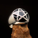 Perfectly domed Men's Solid Line Pentagram Ring Black - Sterling Silver - BikeRing4u