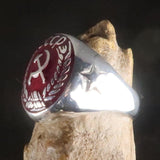 Men's Communist Ring red Hammer Sickle Crest CCCP with Stars on the Band - Sterling Silver - BikeRing4u