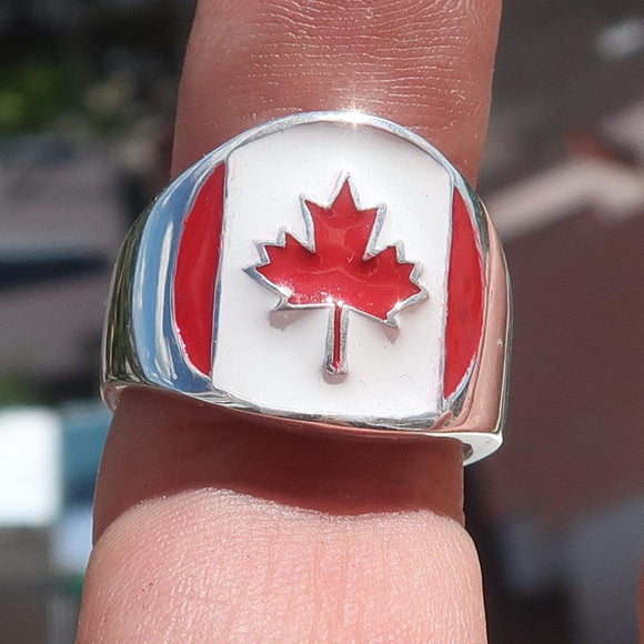 Canadian Flag Ring perfectly crafted Men's National Flag Ring Canada - Sterling Silver - BikeRing4u