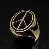 Oval Men's Ring black Peace Symbol Flower Power - Solid Brass - BikeRing4u