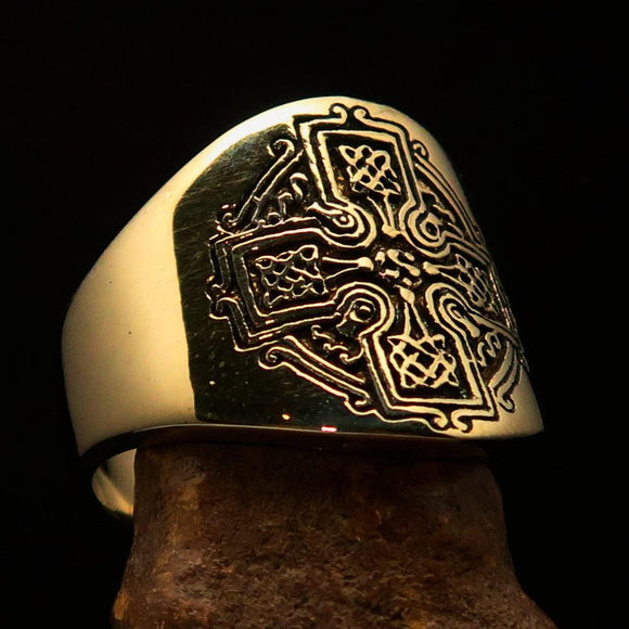 Excellent crafted Men's Celtic Runes Cross Pinky Ring - antiqued Brass - BikeRing4u