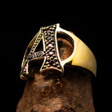 Excellent crafted Initial Ring Bold Letter A - 8 red CZ - solid Brass - BikeRing4u