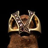 Excellent crafted Initial Ring Bold Letter V - 6 red CZ - solid Brass - BikeRing4u