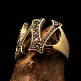 Excellent crafted Initial Ring Bold Letter W - 11 red CZ - solid Brass - BikeRing4u