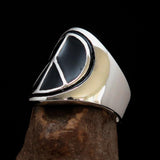 Round Men's Ring black Peace Symbol Flower Power - Sterling Silver - BikeRing4u
