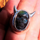 Skull Ring, Handmade Ring, Sterling Silver Ring, Labradorite Devil Skull Ring - excellent stone carving, Gift for Him, Unique Ring - Size 10