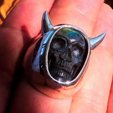 Skull Ring, Handmade Ring, Sterling Silver Ring, Labradorite Devil Skull Ring - excellent stone carving, Gift for Him, Unique Ring - Size 10