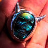 Skull Ring, Handmade Ring, Sterling Silver Ring, Labradorite Devil Skull Ring - excellent stone carving, Gift for Him, Unique Ring - Size 10