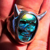 Skull Ring, Handmade Ring, Sterling Silver Ring, Labradorite Devil Skull Ring - excellent stone carving, Gift for Him, Unique Ring - Size 10