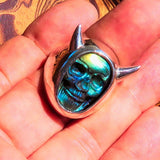 Skull Ring, Handmade Ring, Sterling Silver Ring, Labradorite Devil Skull Ring - excellent stone carving, Gift for Him, Unique Ring - Size 10