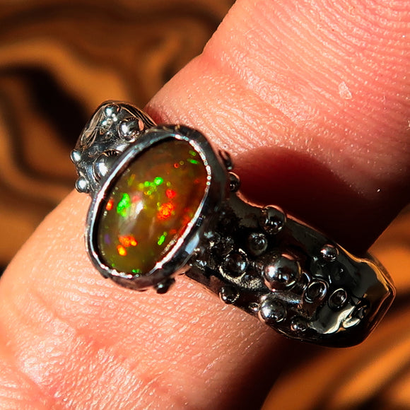 Natural Opal Ring, Opal Ring, Sterling Silver Solitaire Ring, oval Multi color Opal, handmade silver ring, unique design, red Opal - Size 10