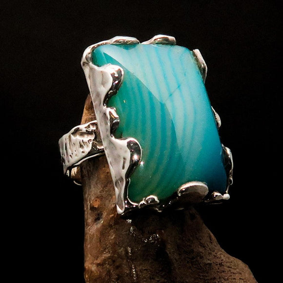 Unique Agate Ring, Rectangle shaped Ring, Sterling Silver Ring, Artwork Ring with green and white Agate Cabochon, Gift for Her - Size 9.5