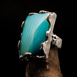 Unique Agate Ring, Rectangle shaped Ring, Sterling Silver Ring, Artwork Ring with green and white Agate Cabochon, Gift for Her - Size 9.5