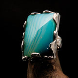 Unique Agate Ring, Rectangle shaped Ring, Sterling Silver Ring, Artwork Ring with green and white Agate Cabochon, Gift for Her - Size 9.5