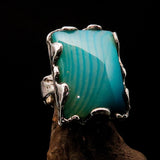 Unique Agate Ring, Rectangle shaped Ring, Sterling Silver Ring, Artwork Ring with green and white Agate Cabochon, Gift for Her - Size 9.5