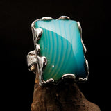 Unique Agate Ring, Rectangle shaped Ring, Sterling Silver Ring, Artwork Ring with green and white Agate Cabochon, Gift for Her - Size 9.5