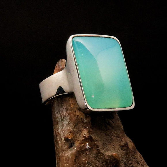 Green Agate Ring, Sterling Silver Ring, green Agate Cabochon, rectangle minimalist ring, handmade silver ring, gift for her, unique - Size 7