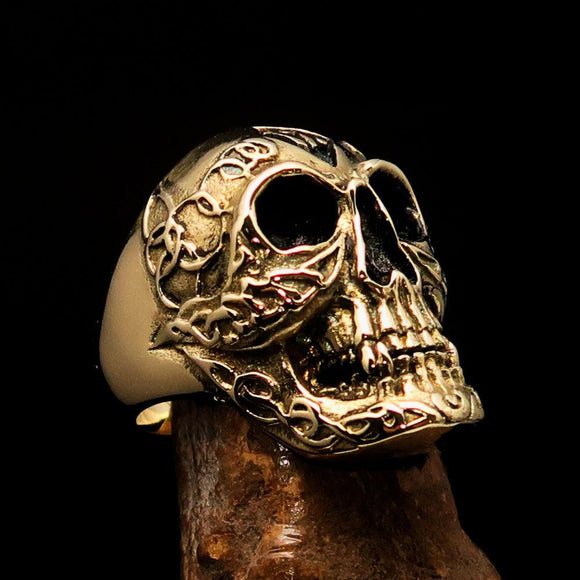 Excellent crafted Men's 1% Runes Skull Outlaw Biker Ring - antiqued Brass - BikeRing4u