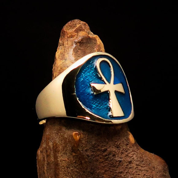 Excellent crafted Men's big blue Egyptian Ankh Cross Ring - solid Brass - BikeRing4u
