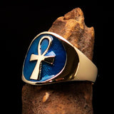 Excellent crafted Men's big blue Egyptian Ankh Cross Ring - solid Brass - BikeRing4u