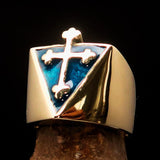 Excellent crafted Men's blue Coptic Rose Cross Ring - Solid Brass - BikeRing4u