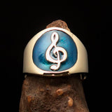 Excellent crafted round Men's blue Treble Clef Pinky Ring - Solid Brass - BikeRing4u
