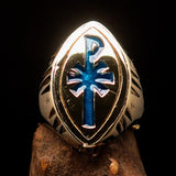 Ancient Christian Monogram Men's Cross Ring blue Chi Rho XP - Solid Brass - BikeRing4u