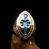 Ancient Christian Monogram Men's Cross Ring blue Chi Rho XP - Solid Brass - BikeRing4u