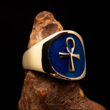 Well made Men's small blue Egyptian Ankh Cross Pinky Ring - solid Brass - BikeRing4u