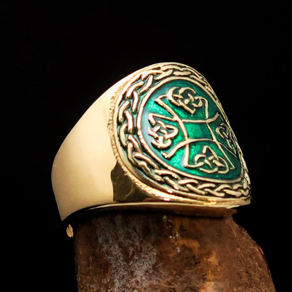 Excellent crafted ancient green Celtic Birgit's Cross Men's Pinky Ring - solid Brass - BikeRing4u