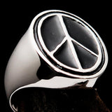 Oval Men's Ring black Peace Symbol Flower Power - Sterling Silver - BikeRing4u