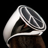 Oval Men's Ring black Peace Symbol Flower Power - Sterling Silver - BikeRing4u