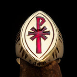 Ancient Christian Monogram Men's Cross Ring red Chi Rho XP - Solid Brass - BikeRing4u