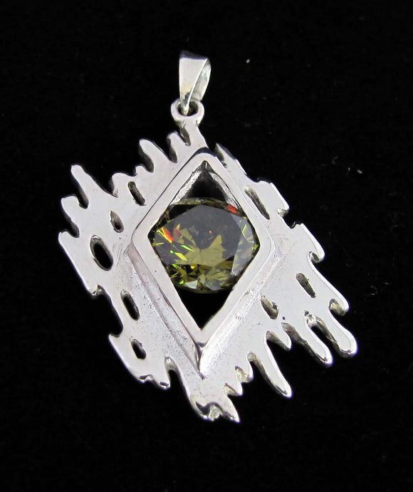 Abstract asymmetric round olive green CZ Pendant - Sterling Silver