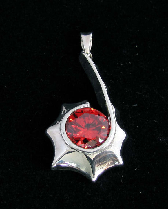 Asymetric round red CZ Pendant - Sterling Silver