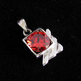 Asymmetric round red CZ in Square Pendant - Sterling Silver