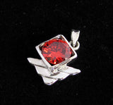 Asymmetric round red CZ in Square Pendant - Sterling Silver