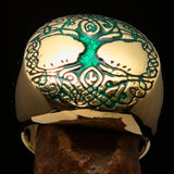 Excellent crafted ancient Men's green Tree of Life Ring - Solid Brass - BikeRing4u