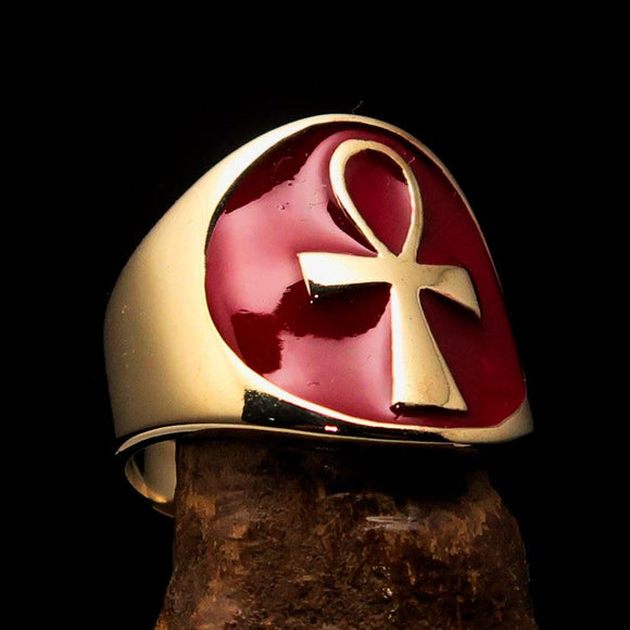 Excellent crafted Men's big red Egyptian Ankh Cross Ring - solid Brass - BikeRing4u