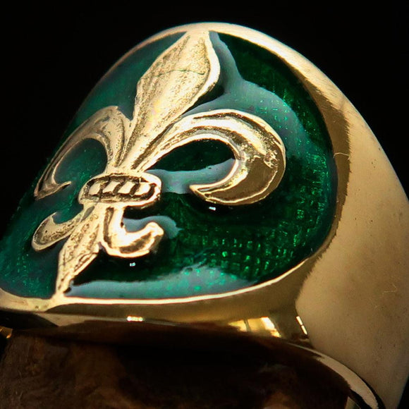 Excellent crafted Men's green Fleur de Lis Seal Pinky Ring - solid Brass - BikeRing4u
