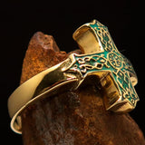 Excellent crafted green Men's ornamental Celtic Cross Ring - solid Brass - BikeRing4u